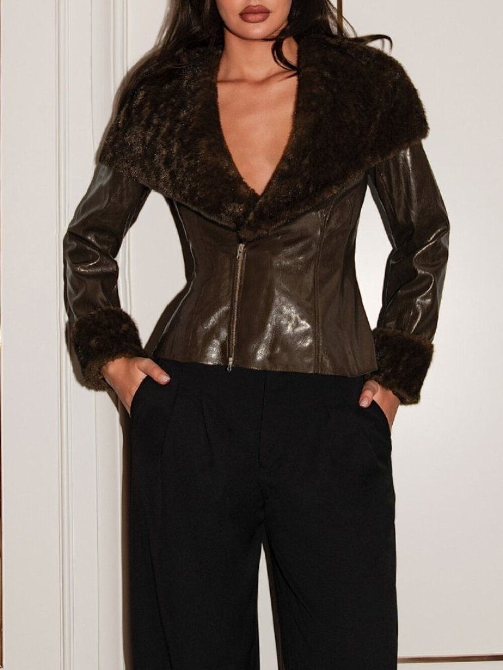 Brown Party Women's Faux Leather Jacket